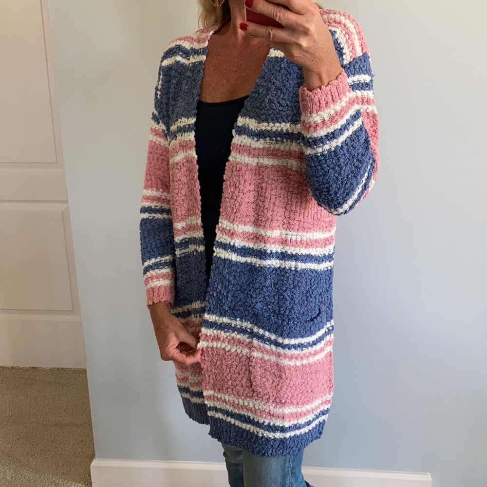 Pink, Blue & Off White Stripe Popcorn Texture Open Cardigan - Picture 4 of 10